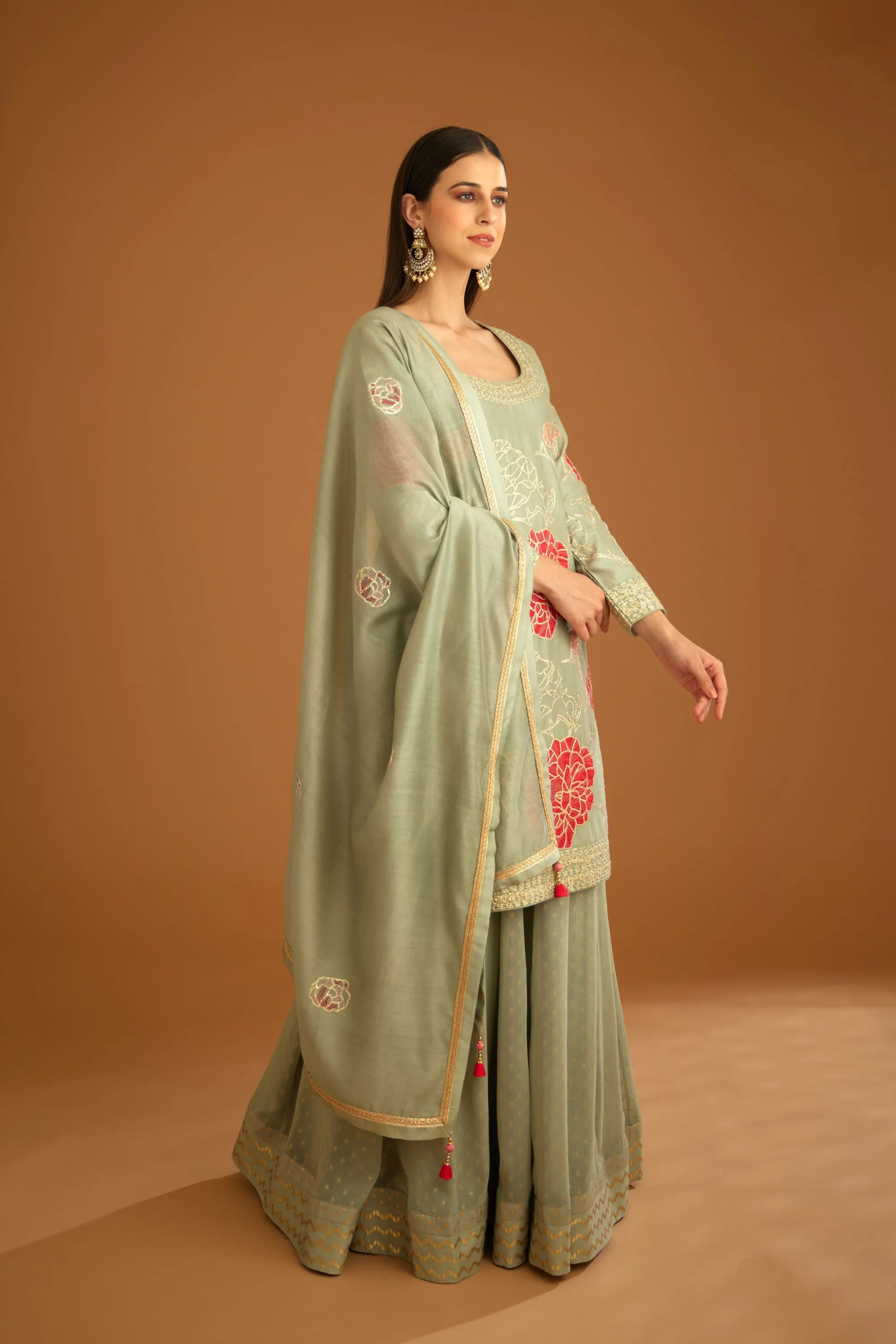 Smoke blue embroidered sharara set