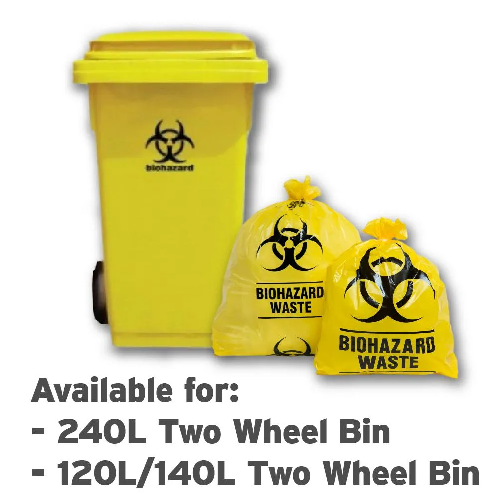 Spill Station BioHazard Yellow Waste Bags 240L and 120L/ 140L Two Wheel Bin