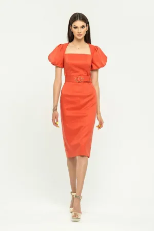 Summer Salmon Evening Bodycon Squareneck Juliet Short Sleeve Knee Dress