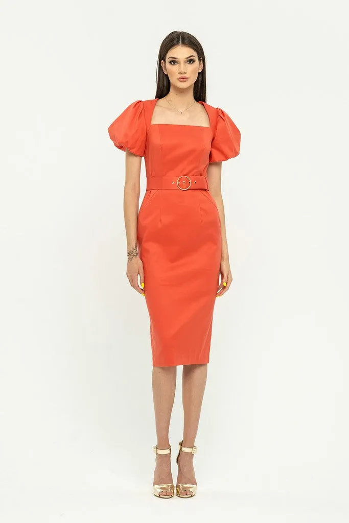 Summer Salmon Evening Bodycon Squareneck Juliet Short Sleeve Knee Dress