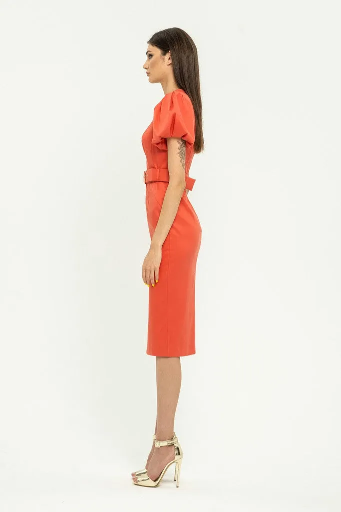 Summer Salmon Evening Bodycon Squareneck Juliet Short Sleeve Knee Dress