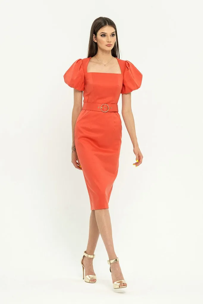Summer Salmon Evening Bodycon Squareneck Juliet Short Sleeve Knee Dress