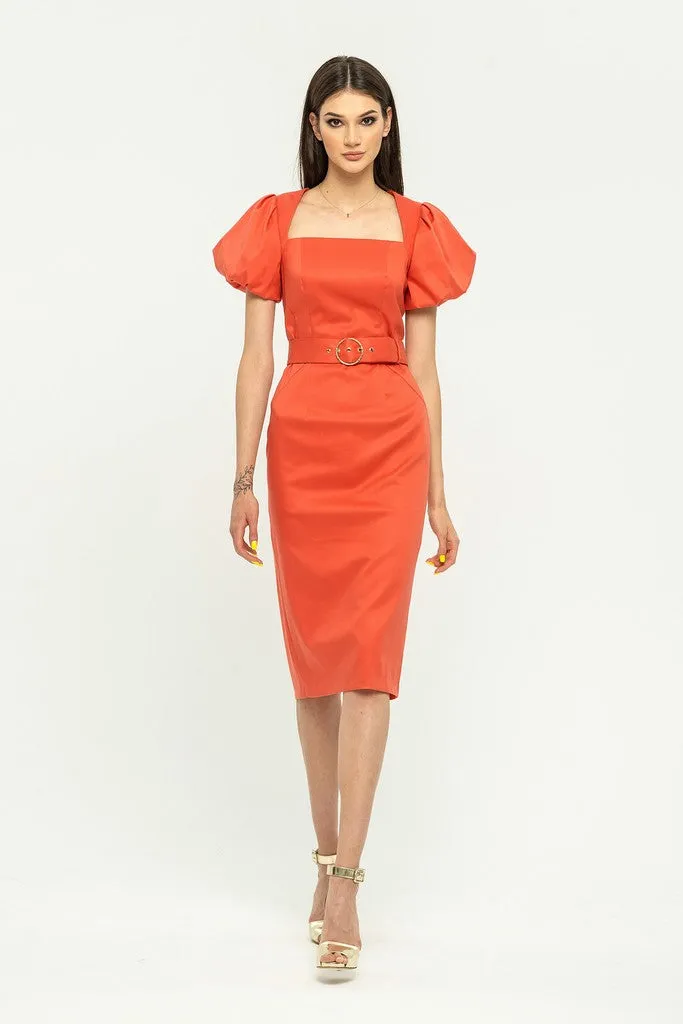 Summer Salmon Evening Bodycon Squareneck Juliet Short Sleeve Knee Dress