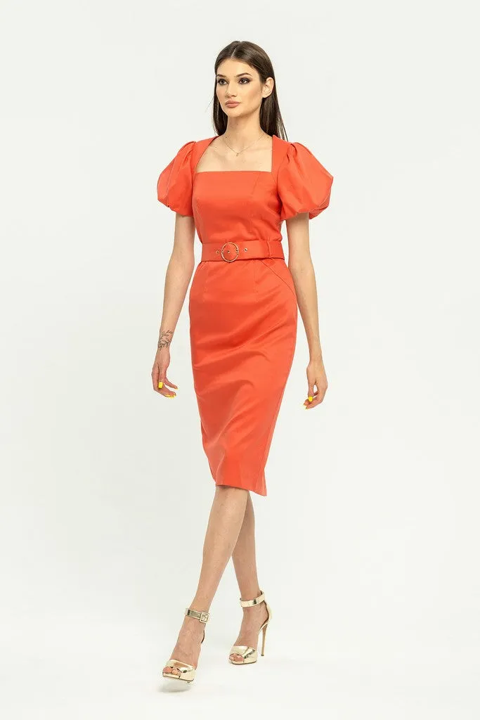 Summer Salmon Evening Bodycon Squareneck Juliet Short Sleeve Knee Dress
