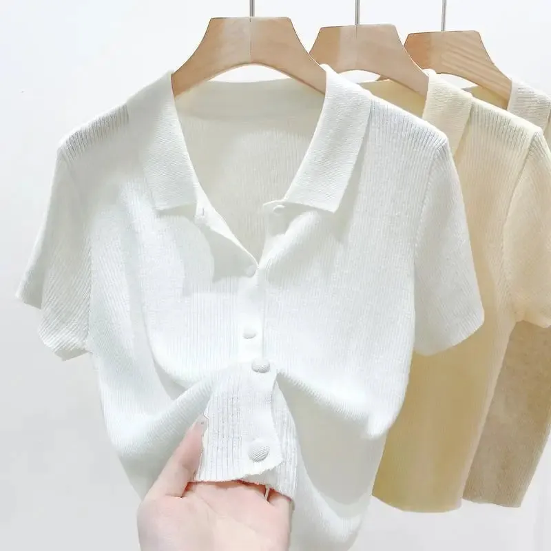 Summer  Thin Polo Knit Sweater   Short Sleeve