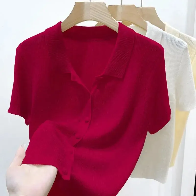 Summer  Thin Polo Knit Sweater   Short Sleeve