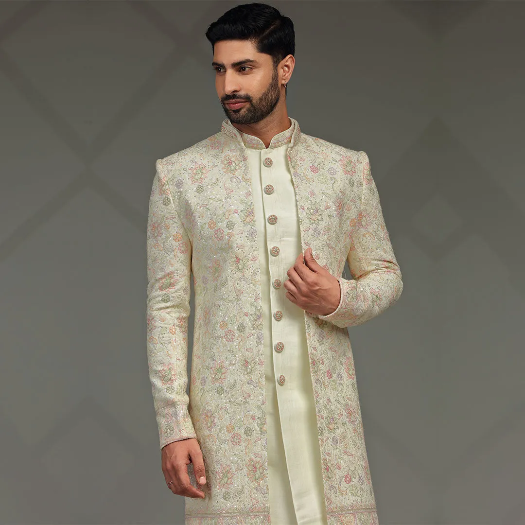 Sunny Yellow Floral Printed Indowestern for Men
