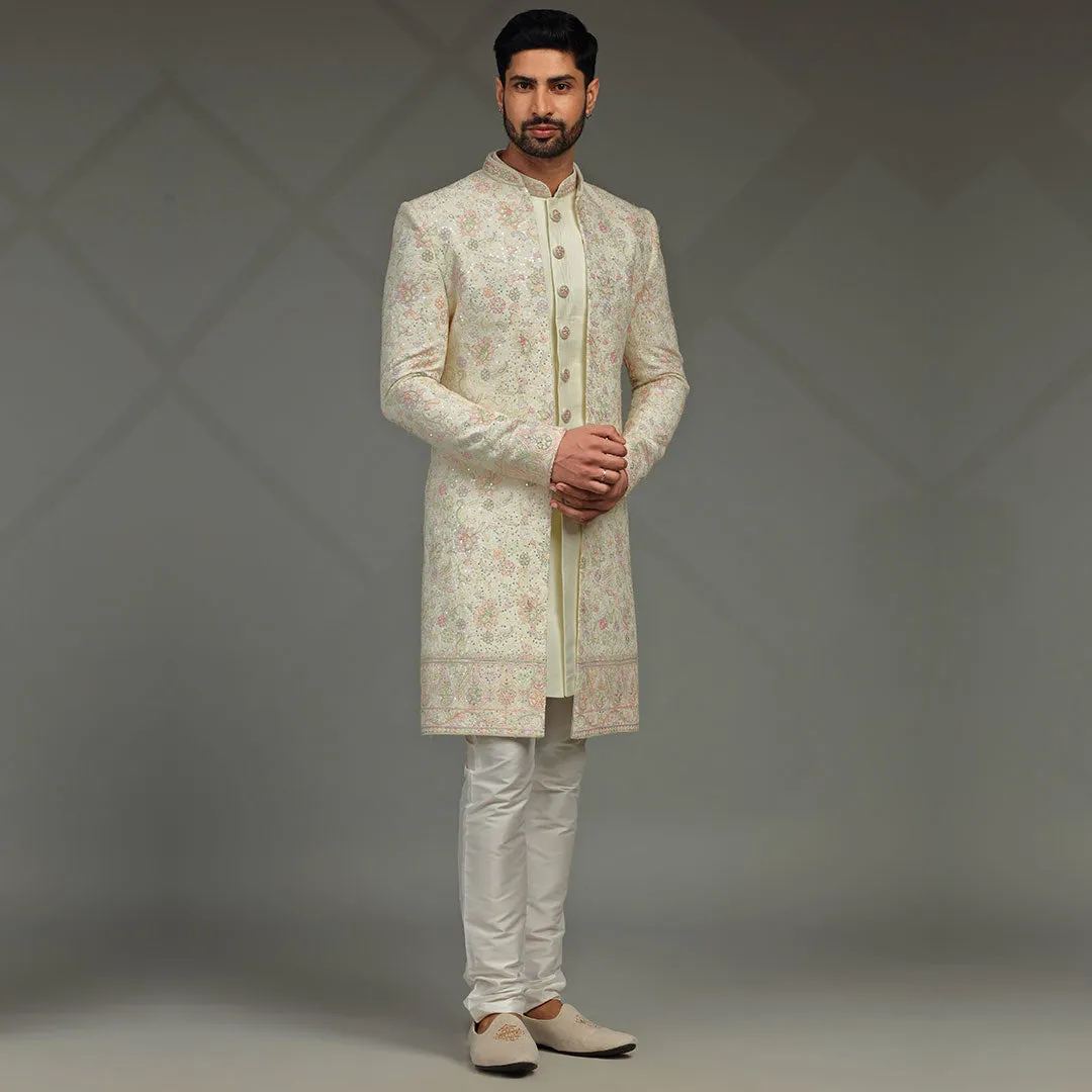 Sunny Yellow Floral Printed Indowestern for Men