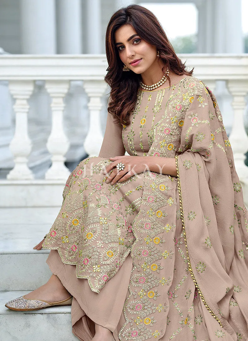 Taupe Beige Traditional Multi Embroidered Palazzo Suit