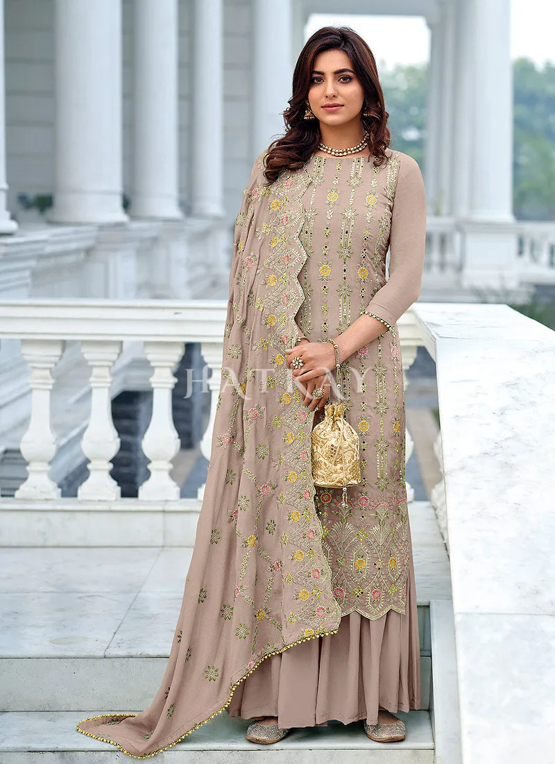 Taupe Beige Traditional Multi Embroidered Palazzo Suit