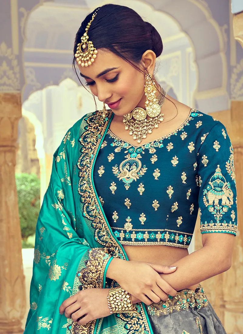 Teal Blue Embroidery Wedding Lehenga Choli
