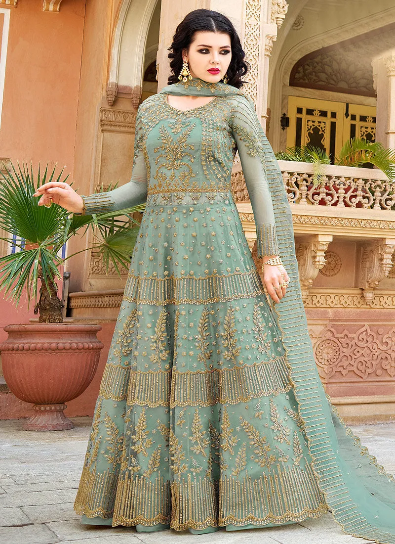 Teal Blue Golden Embroidered Designer Anarkali Suit