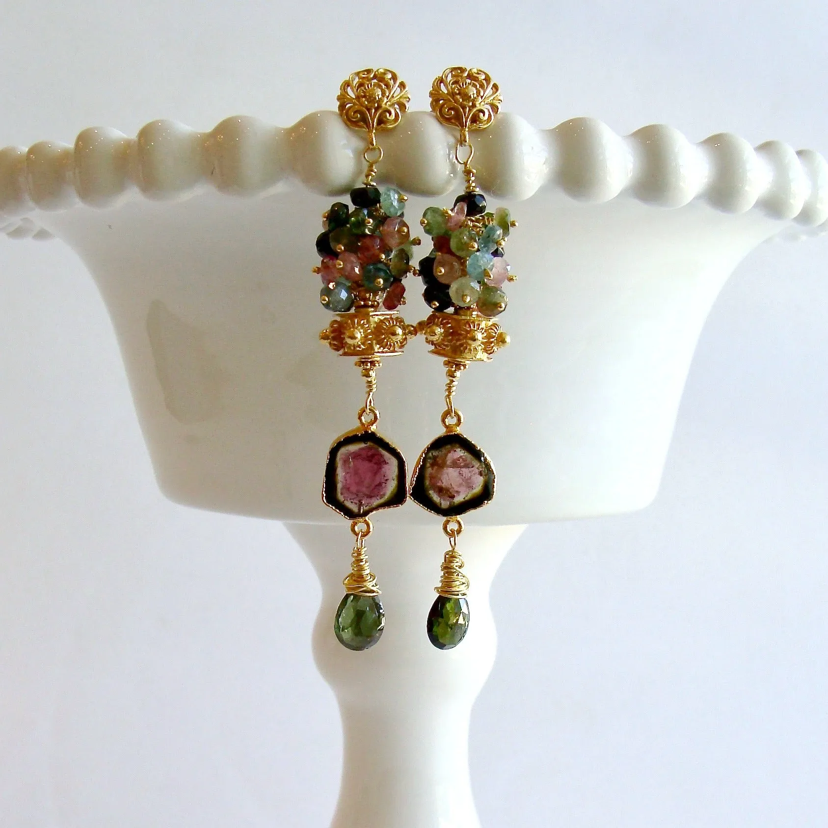 Tourmaline Slices Long Tourmaline Cluster Earrings - Tatiana II Earrings