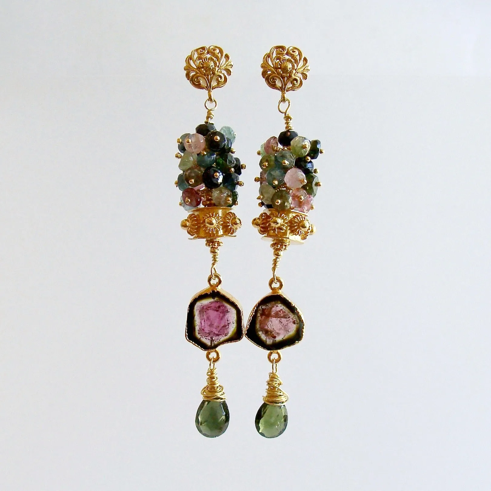 Tourmaline Slices Long Tourmaline Cluster Earrings - Tatiana II Earrings