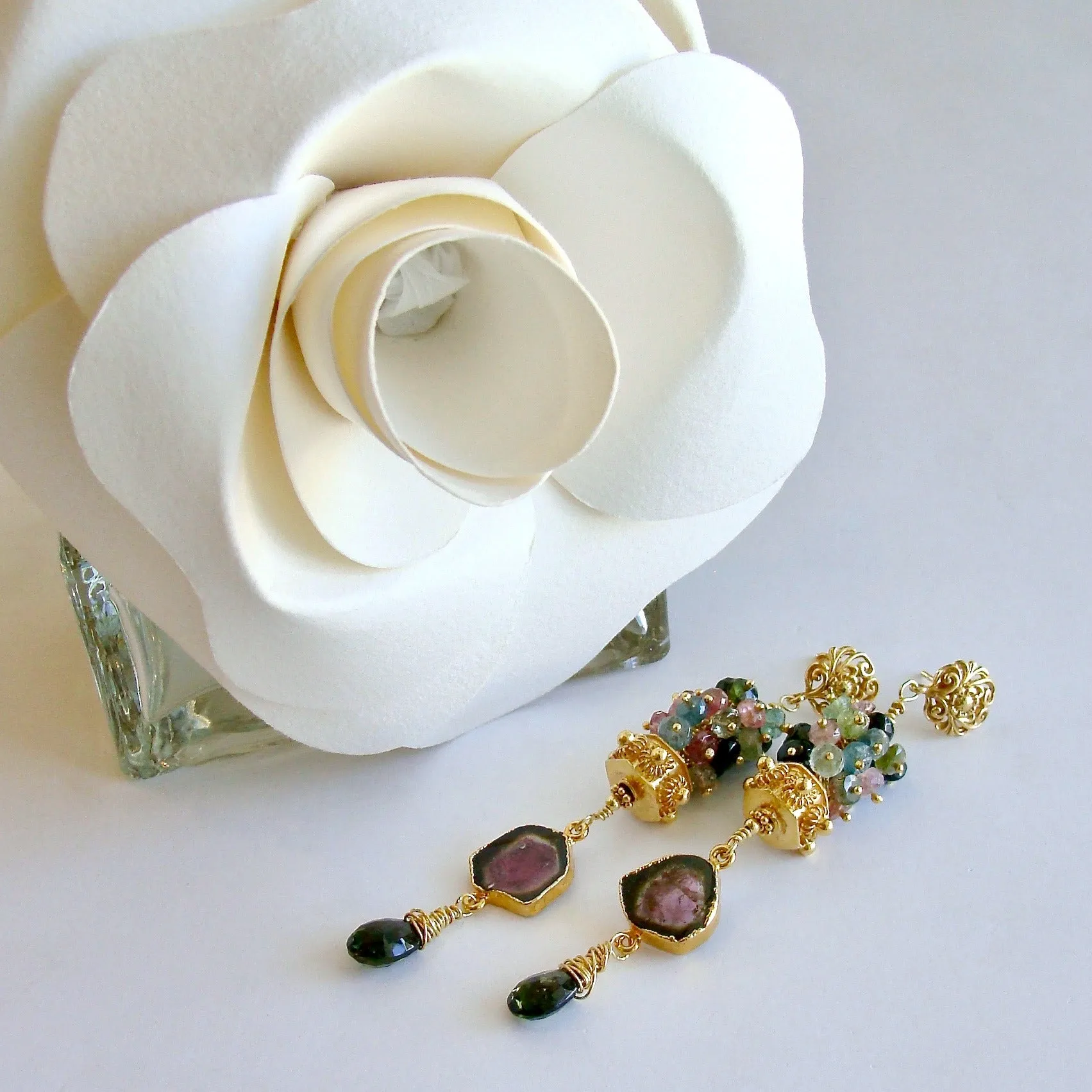 Tourmaline Slices Long Tourmaline Cluster Earrings - Tatiana II Earrings