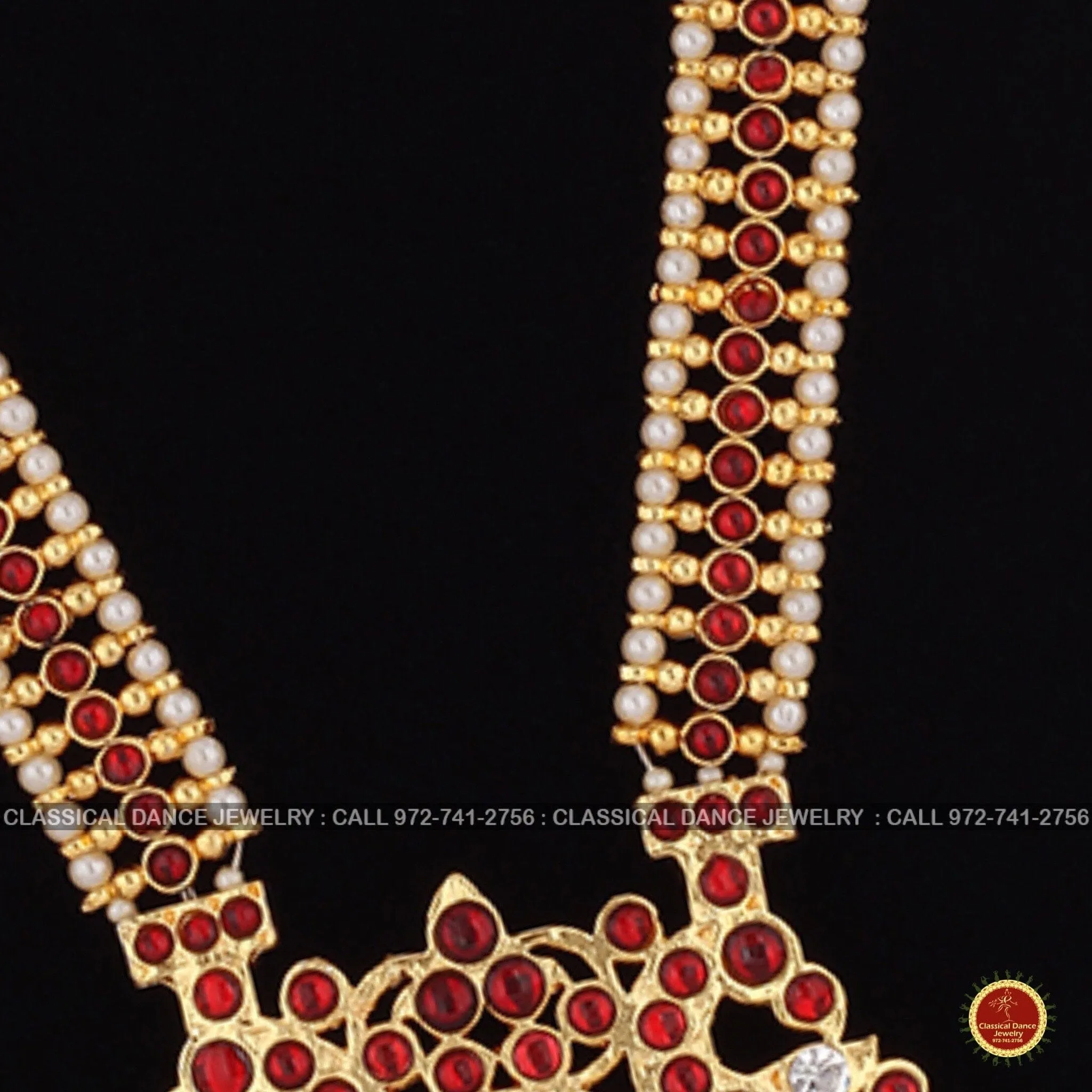 Traditional Design Temple Kemp Pearls Indian jewelry | Mala Long Haram | Bharatnatyam Kuchipudi Weddings Birthdays | Classical Dance Jewelry