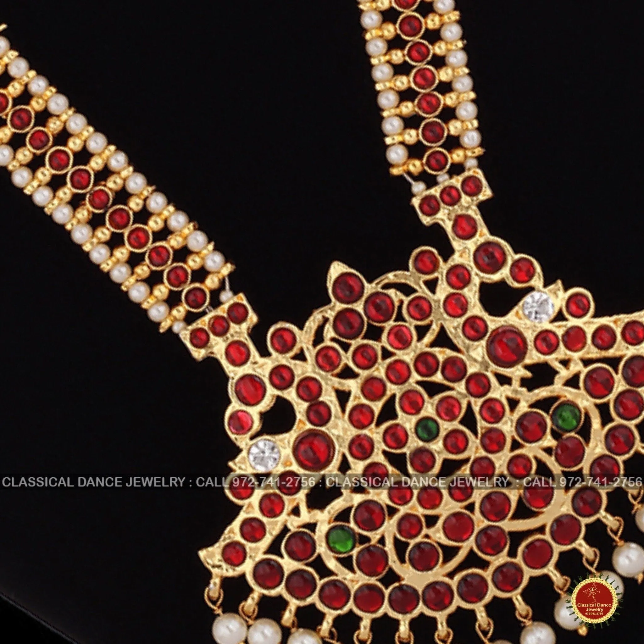 Traditional Design Temple Kemp Pearls Indian jewelry | Mala Long Haram | Bharatnatyam Kuchipudi Weddings Birthdays | Classical Dance Jewelry
