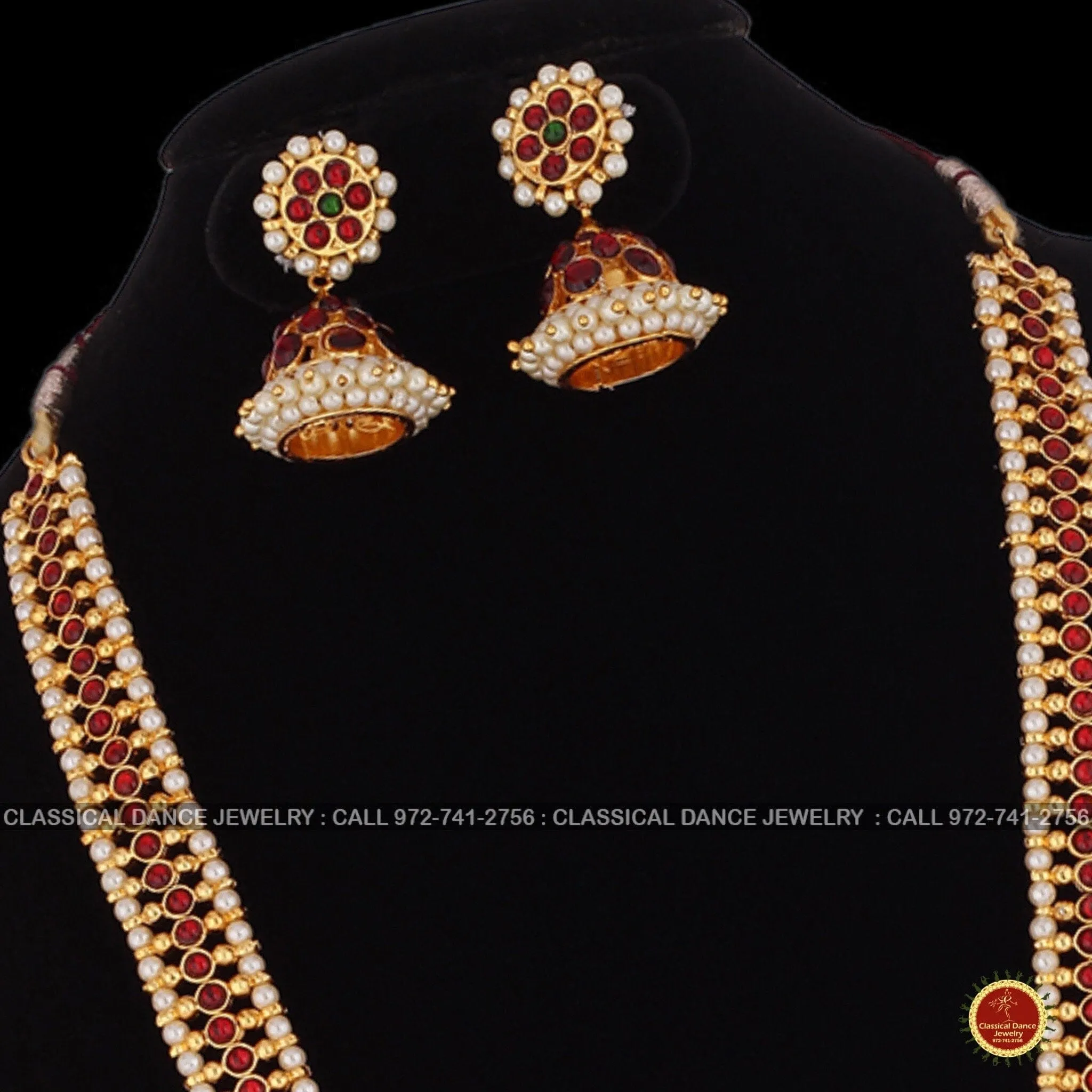 Traditional Design Temple Kemp Pearls Indian jewelry | Mala Long Haram | Bharatnatyam Kuchipudi Weddings Birthdays | Classical Dance Jewelry