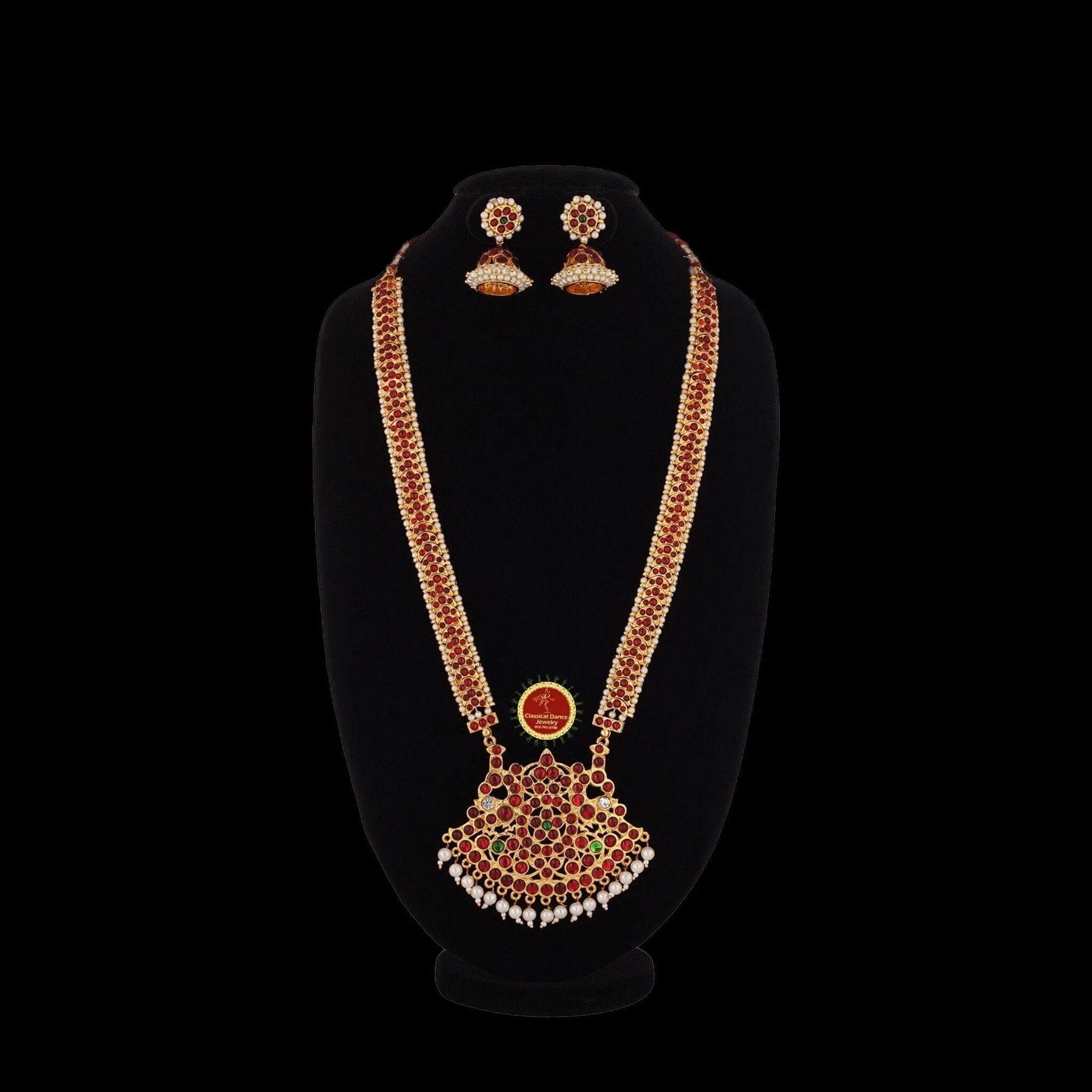 Traditional Design Temple Kemp Pearls Indian jewelry | Mala Long Haram | Bharatnatyam Kuchipudi Weddings Birthdays | Classical Dance Jewelry