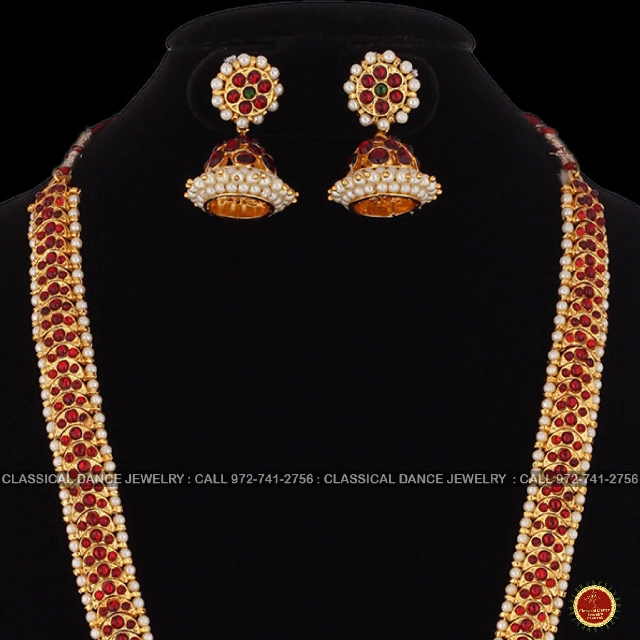 Traditional Design Temple Kemp Pearls Indian jewelry | Mala Long Haram | Bharatnatyam Kuchipudi Weddings Birthdays | Classical Dance Jewelry