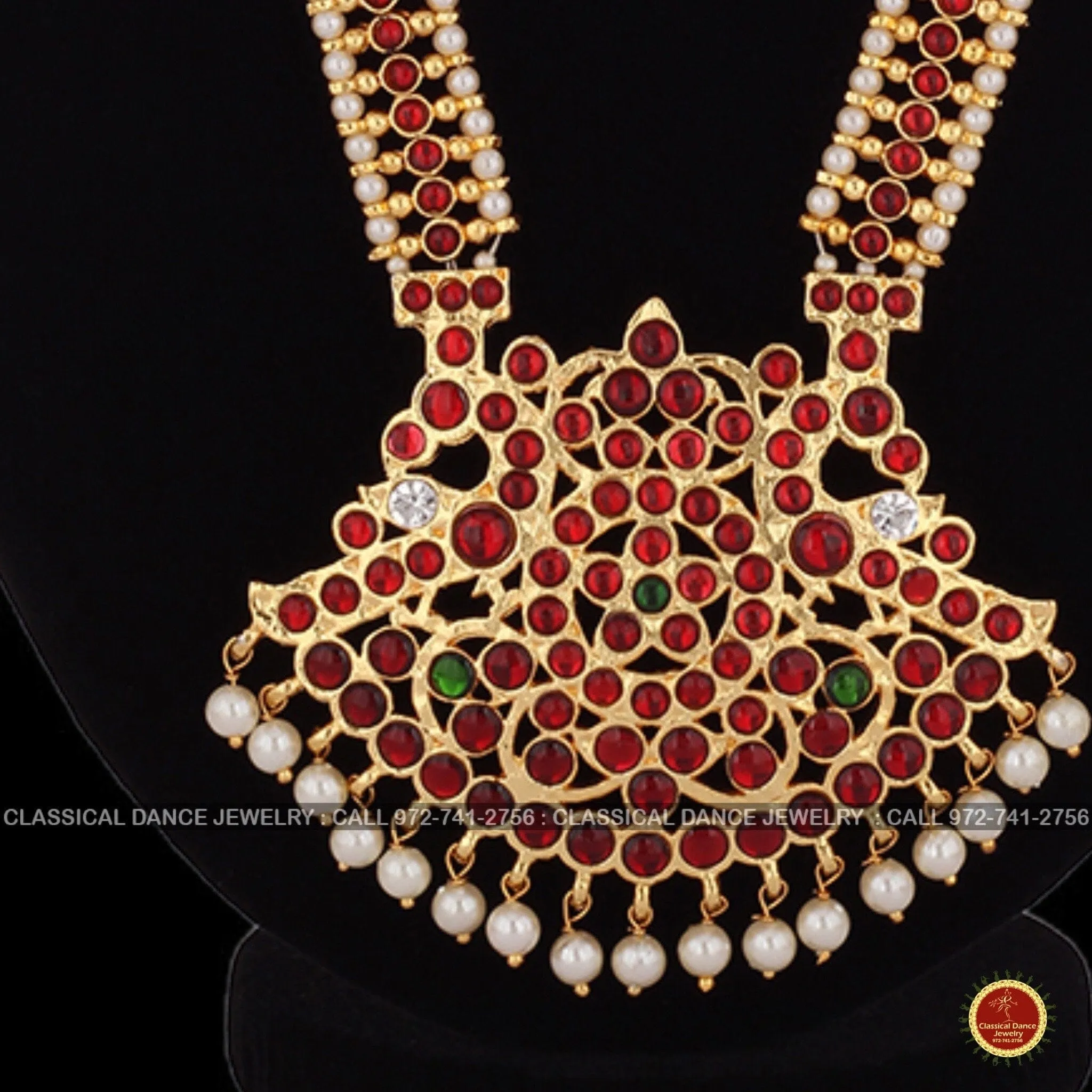 Traditional Design Temple Kemp Pearls Indian jewelry | Mala Long Haram | Bharatnatyam Kuchipudi Weddings Birthdays | Classical Dance Jewelry
