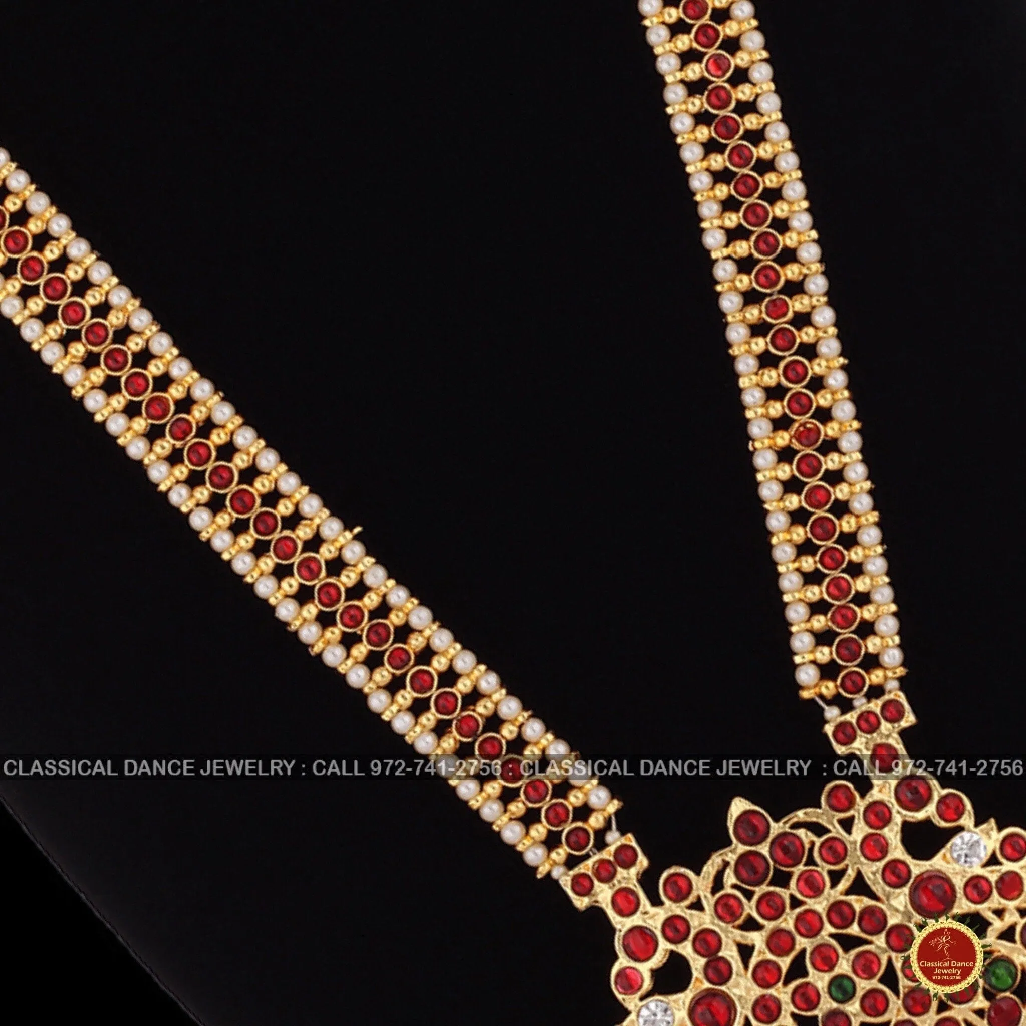 Traditional Design Temple Kemp Pearls Indian jewelry | Mala Long Haram | Bharatnatyam Kuchipudi Weddings Birthdays | Classical Dance Jewelry