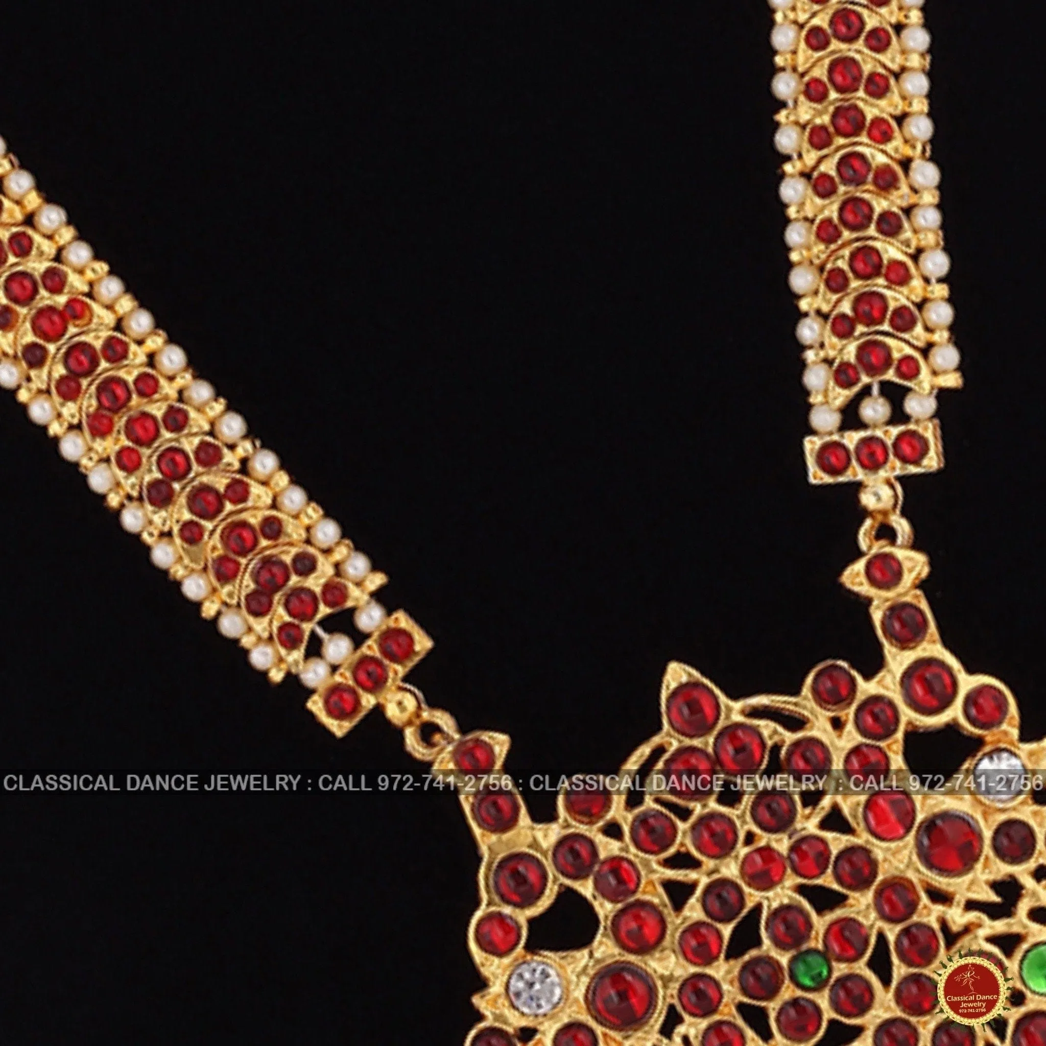Traditional Design Temple Kemp Pearls Indian jewelry | Mala Long Haram | Bharatnatyam Kuchipudi Weddings Birthdays | Classical Dance Jewelry