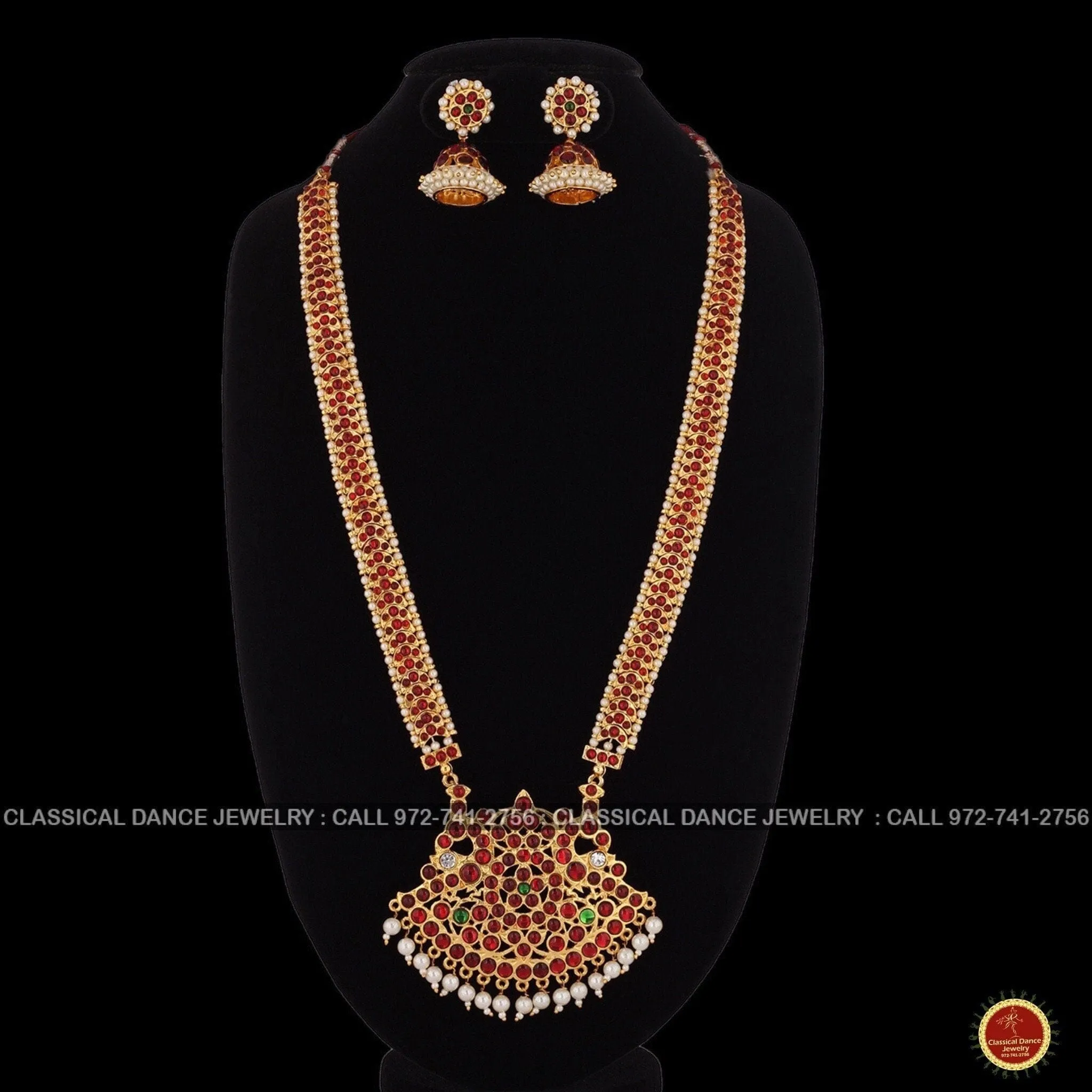 Traditional Design Temple Kemp Pearls Indian jewelry | Mala Long Haram | Bharatnatyam Kuchipudi Weddings Birthdays | Classical Dance Jewelry