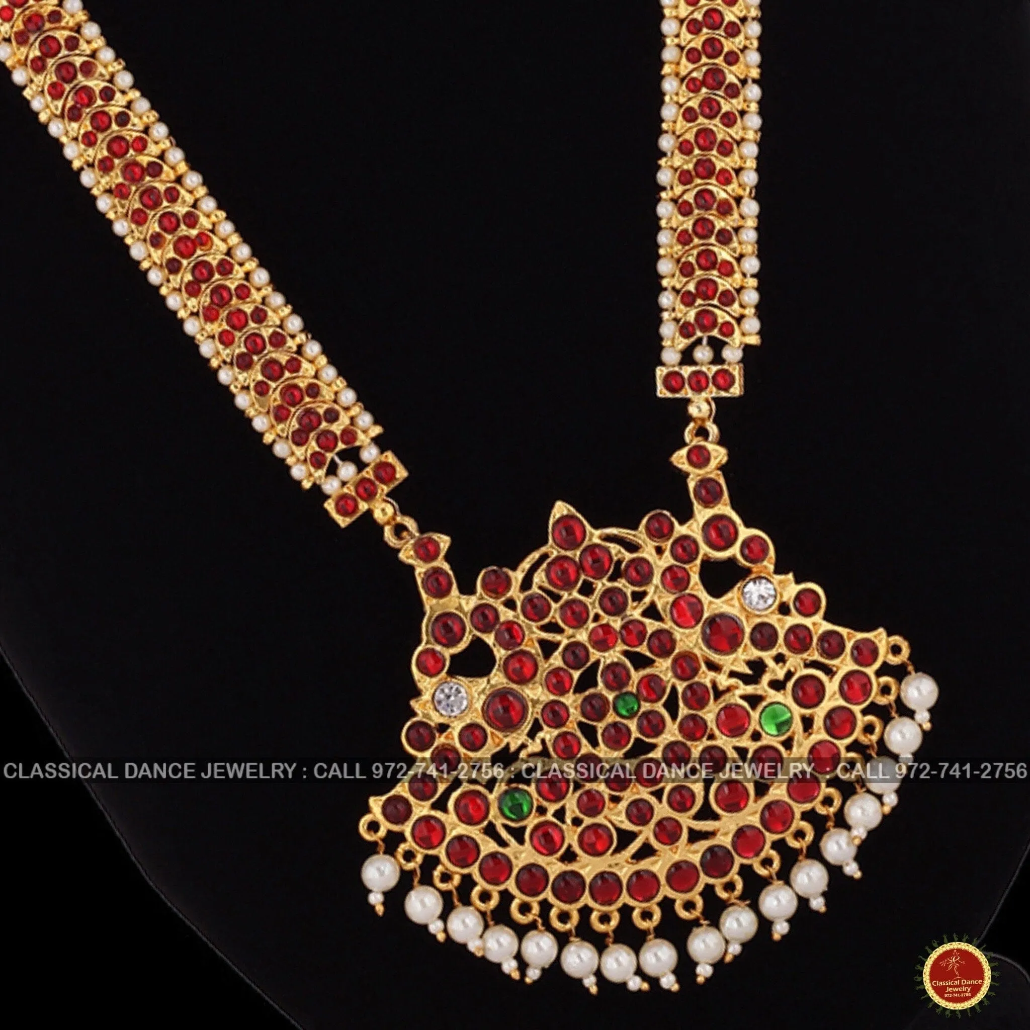 Traditional Design Temple Kemp Pearls Indian jewelry | Mala Long Haram | Bharatnatyam Kuchipudi Weddings Birthdays | Classical Dance Jewelry