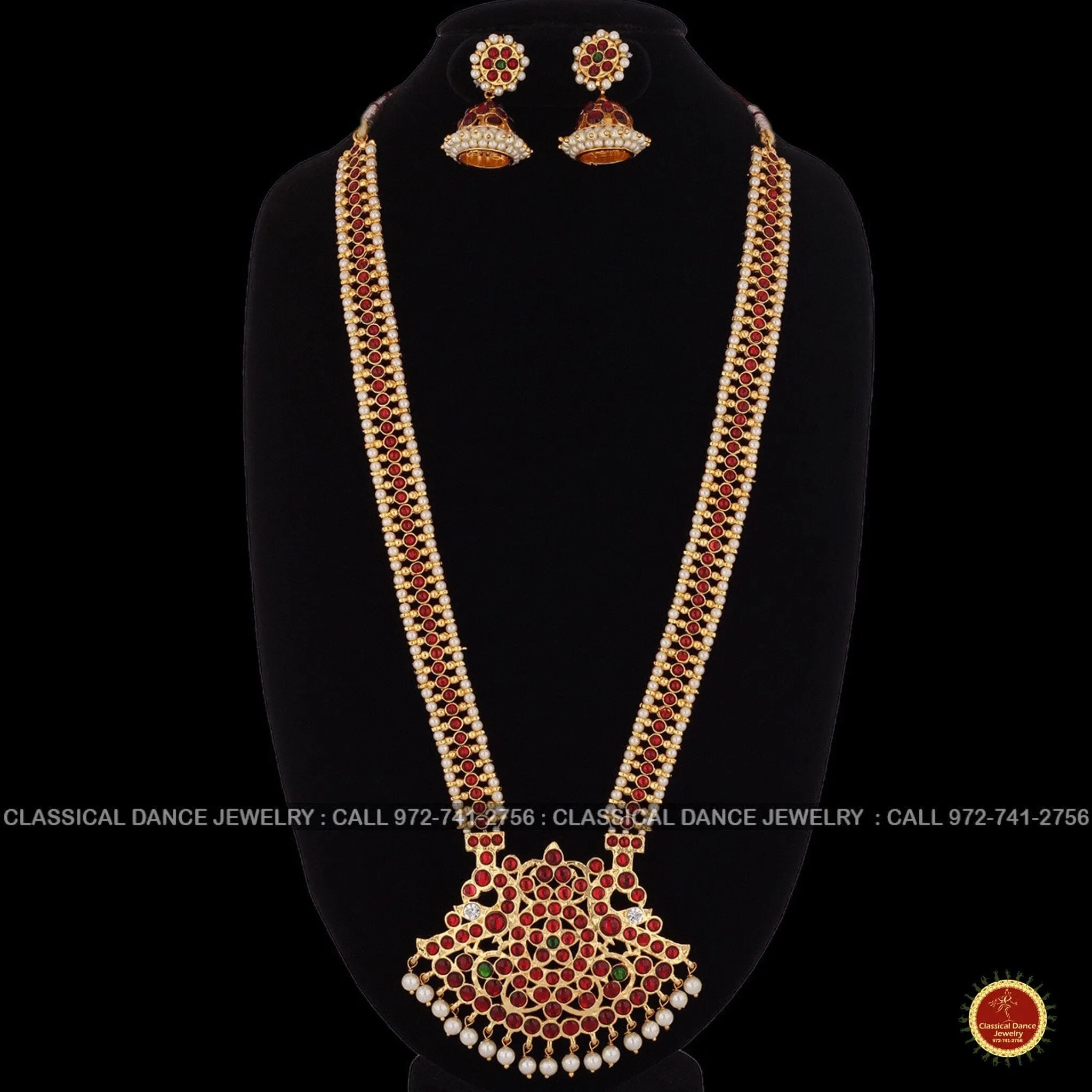 Traditional Design Temple Kemp Pearls Indian jewelry | Mala Long Haram | Bharatnatyam Kuchipudi Weddings Birthdays | Classical Dance Jewelry