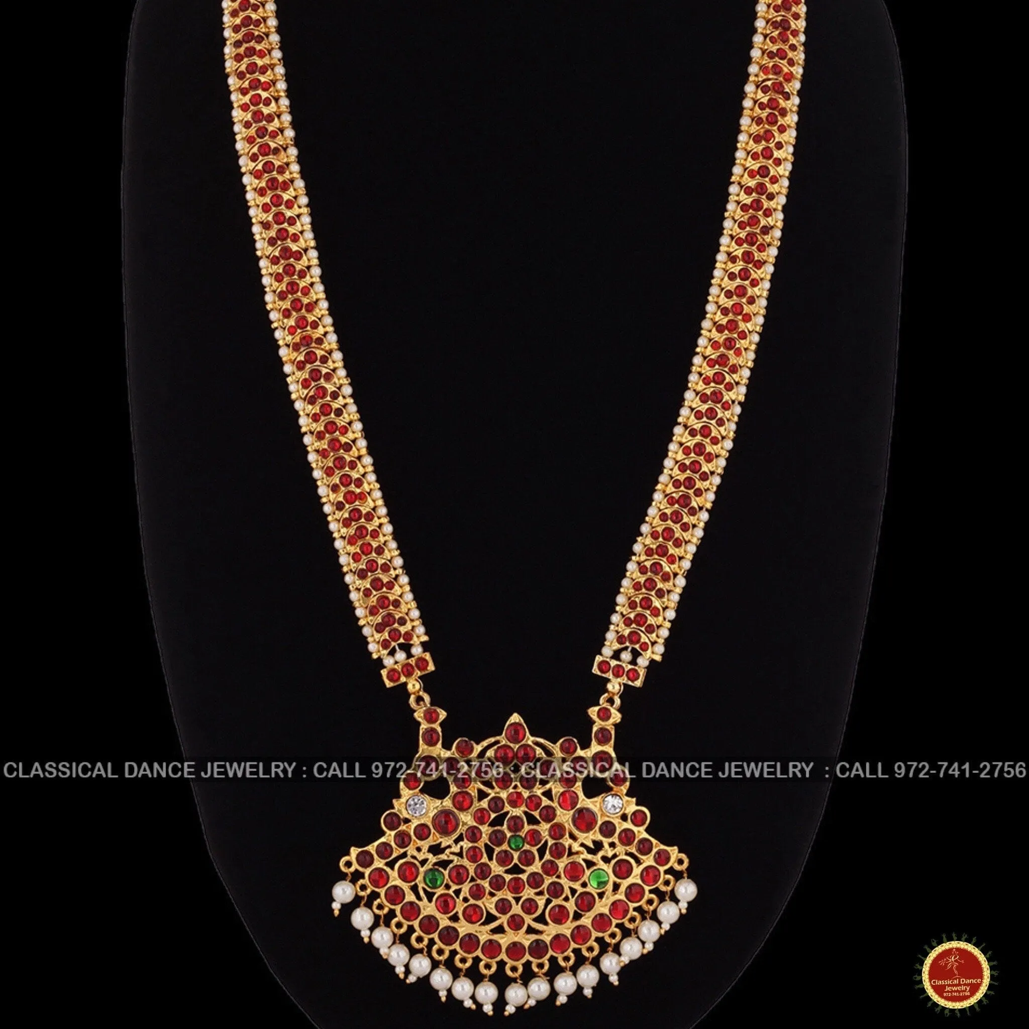 Traditional Design Temple Kemp Pearls Indian jewelry | Mala Long Haram | Bharatnatyam Kuchipudi Weddings Birthdays | Classical Dance Jewelry