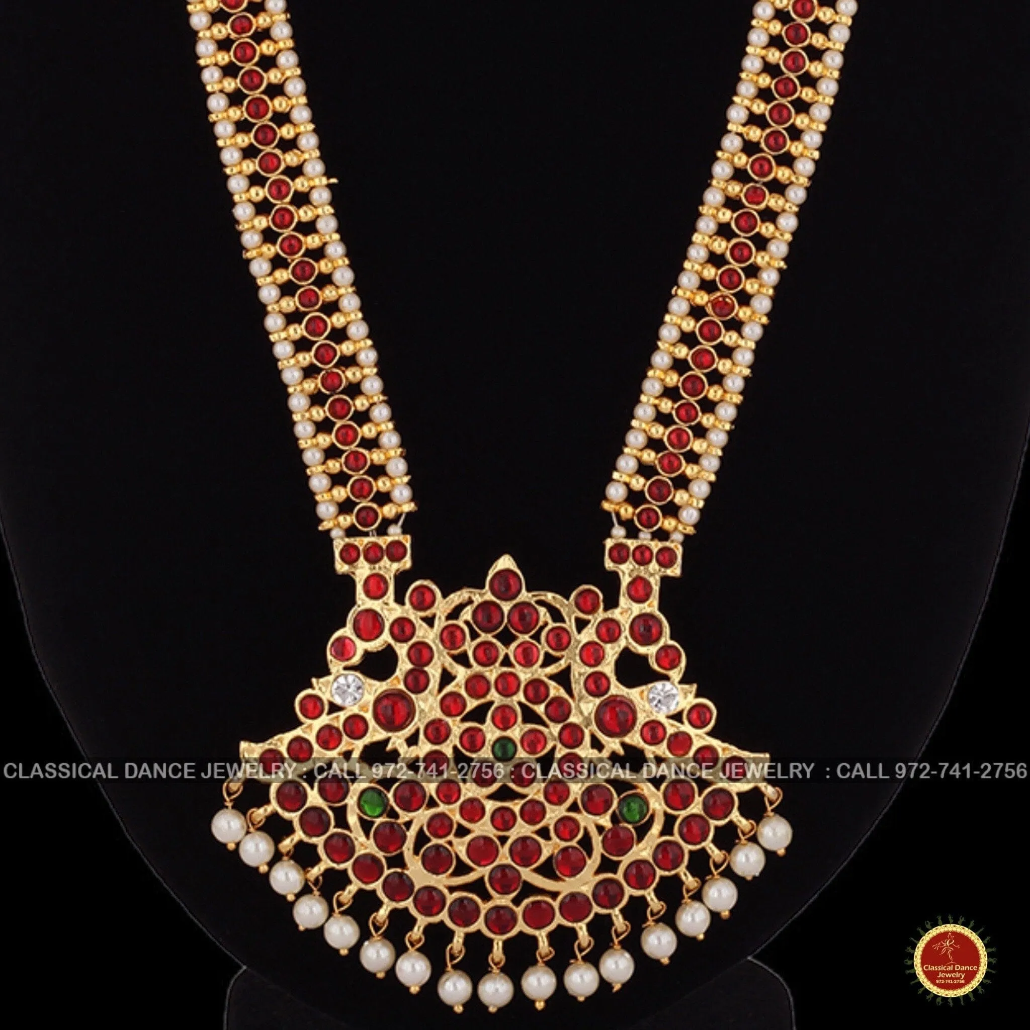 Traditional Design Temple Kemp Pearls Indian jewelry | Mala Long Haram | Bharatnatyam Kuchipudi Weddings Birthdays | Classical Dance Jewelry