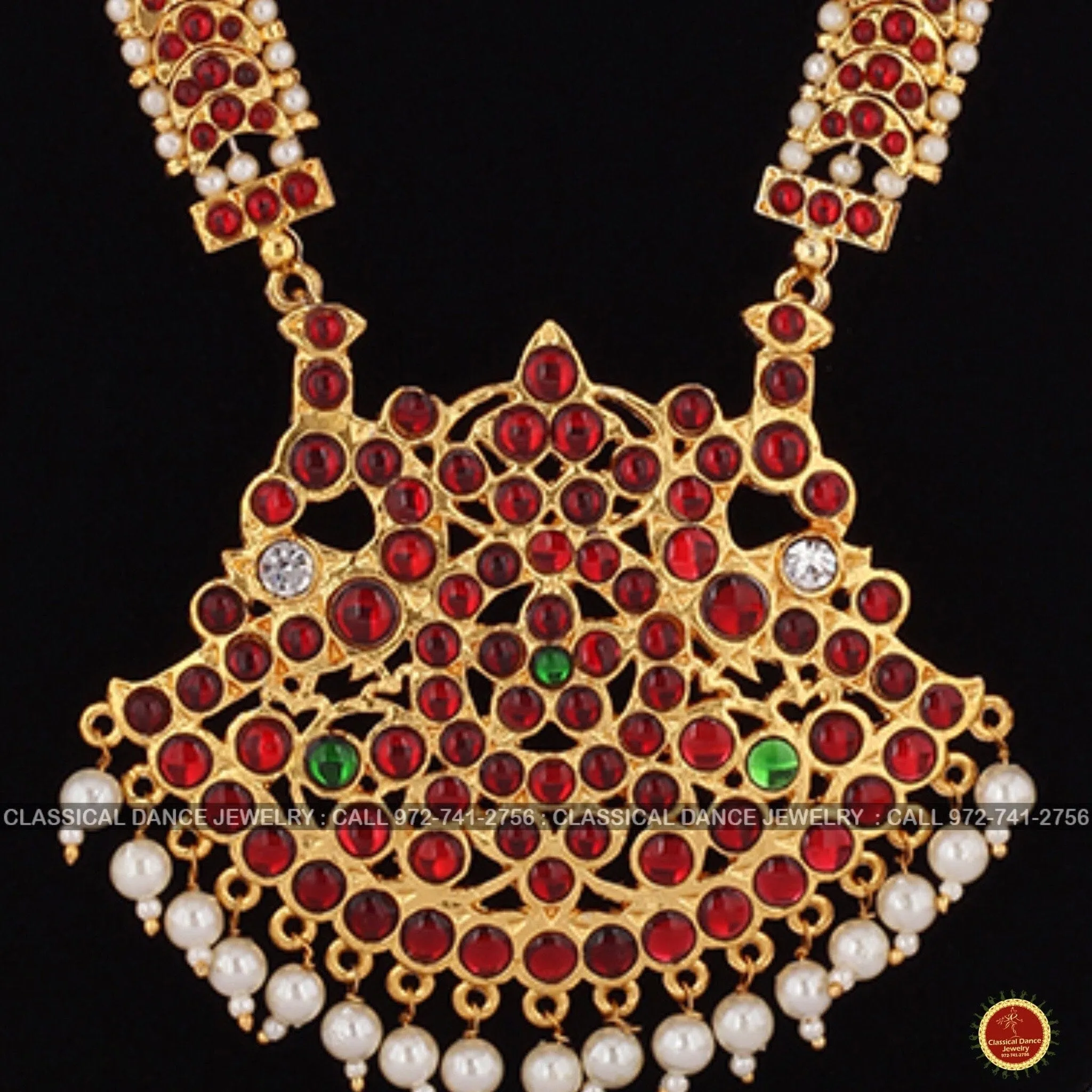 Traditional Design Temple Kemp Pearls Indian jewelry | Mala Long Haram | Bharatnatyam Kuchipudi Weddings Birthdays | Classical Dance Jewelry