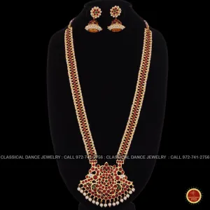 Traditional Design Temple Kemp Pearls Indian jewelry | Mala Long Haram | Bharatnatyam Kuchipudi Weddings Birthdays | Classical Dance Jewelry