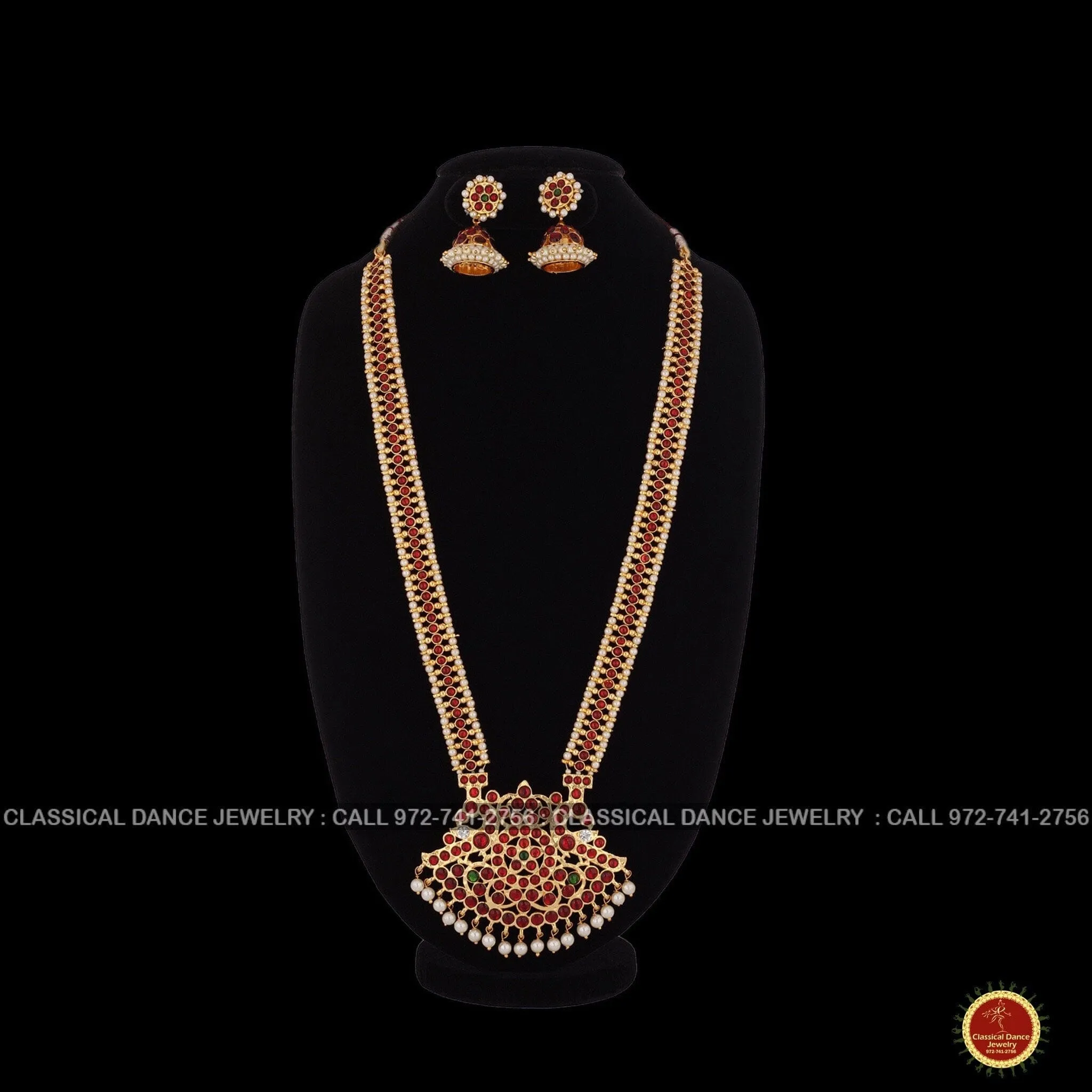 Traditional Design Temple Kemp Pearls Indian jewelry | Mala Long Haram | Bharatnatyam Kuchipudi Weddings Birthdays | Classical Dance Jewelry
