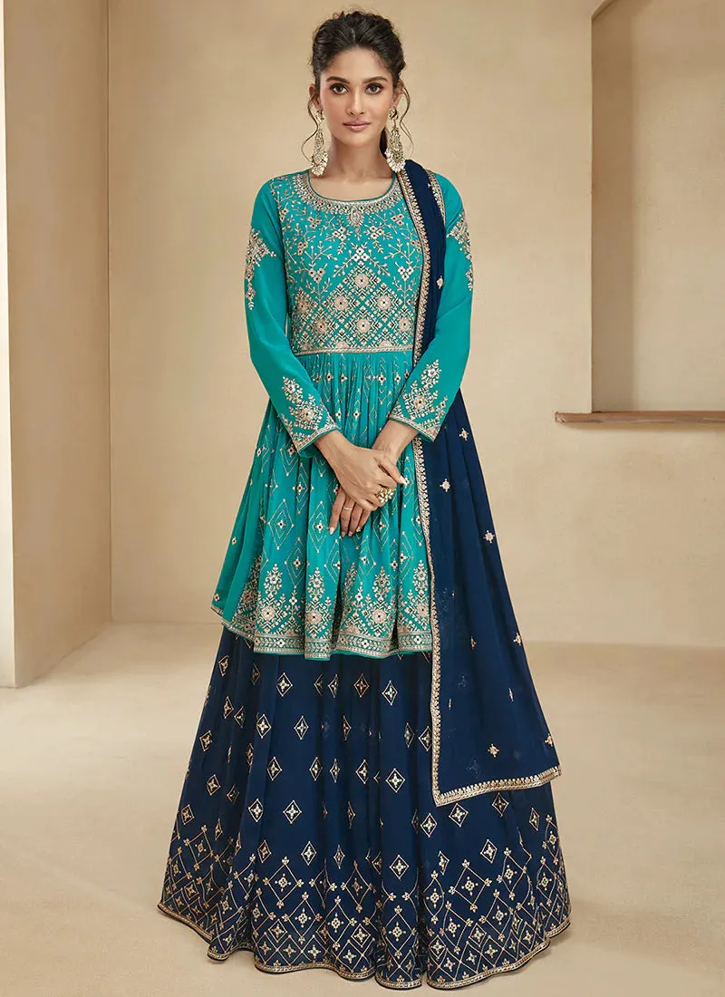 Turquoise and Blue Embroidered Lehenga Choli