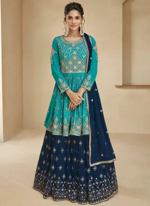 Turquoise and Blue Embroidered Lehenga Choli