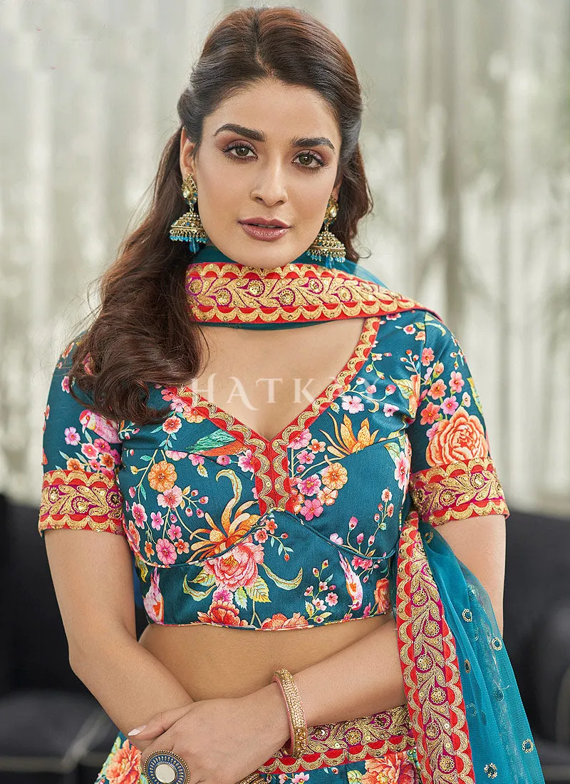 Turquoise Digital print Embroidery Silk Lehenga Choli