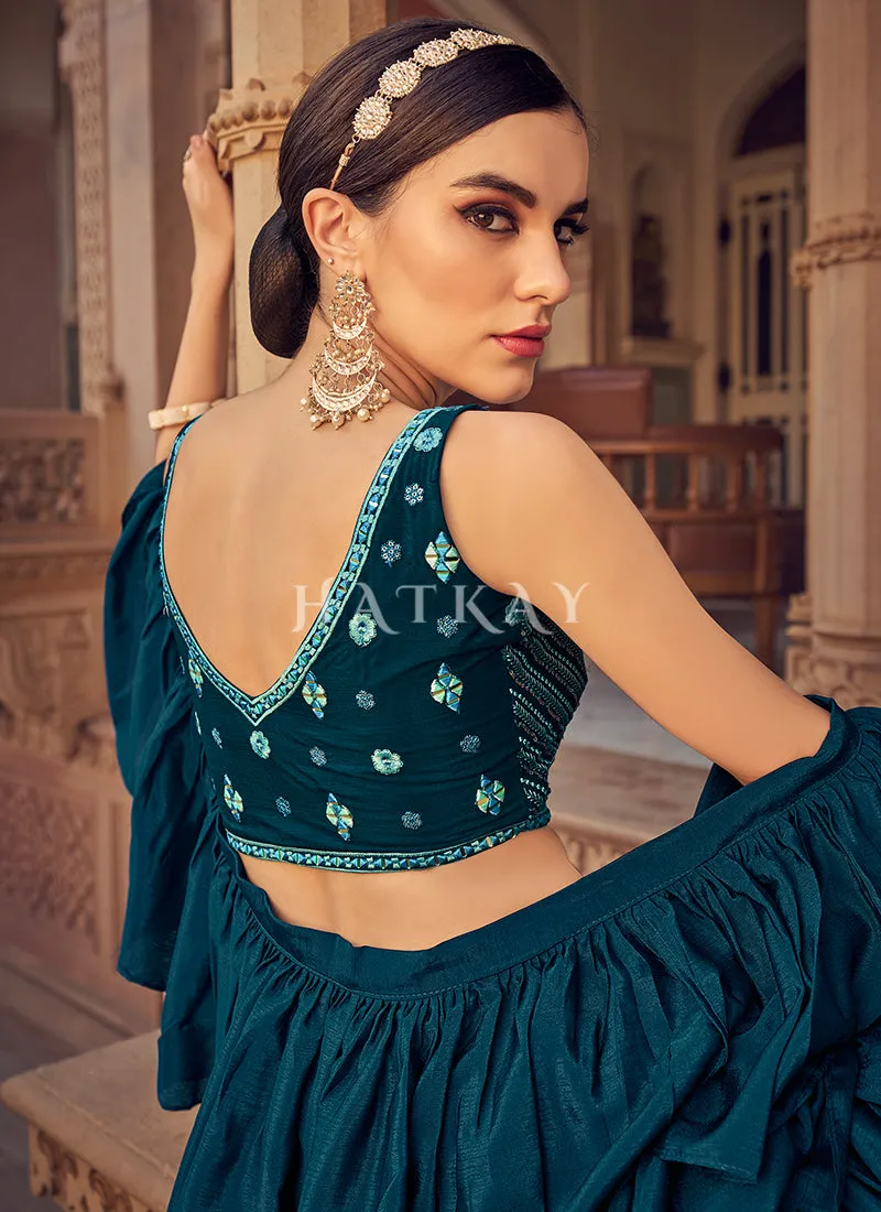 Turquoise Mirror Work Embroidered Festive Lehenga Choli