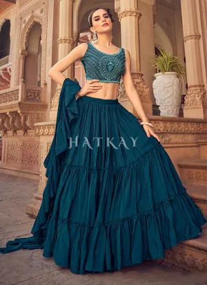 Turquoise Mirror Work Embroidered Festive Lehenga Choli