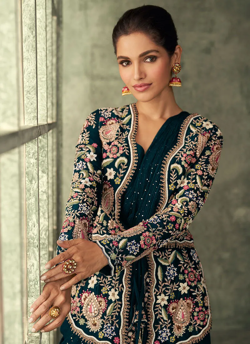 Turquoise Multi Embroidery Saree Gown With Jacket