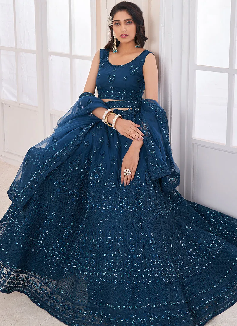 Turquoise Sequence Embroidery Wedding Lehenga Choli With Belt