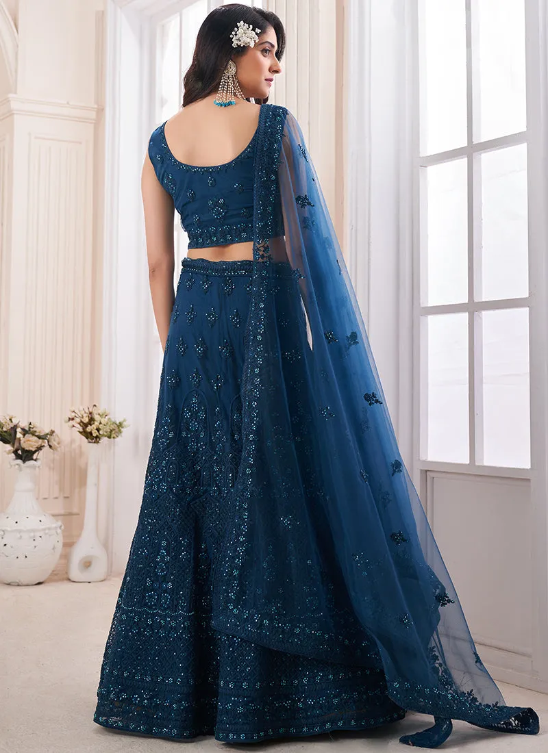 Turquoise Sequence Embroidery Wedding Lehenga Choli With Belt