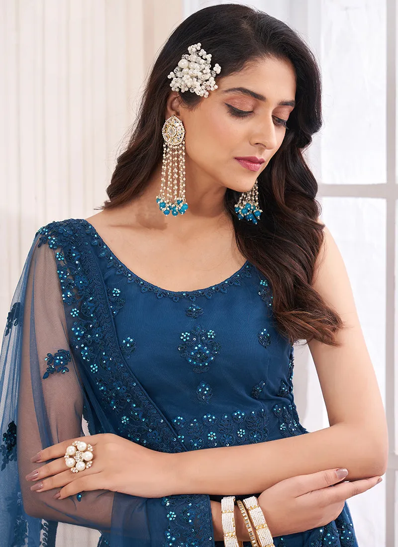 Turquoise Sequence Embroidery Wedding Lehenga Choli With Belt