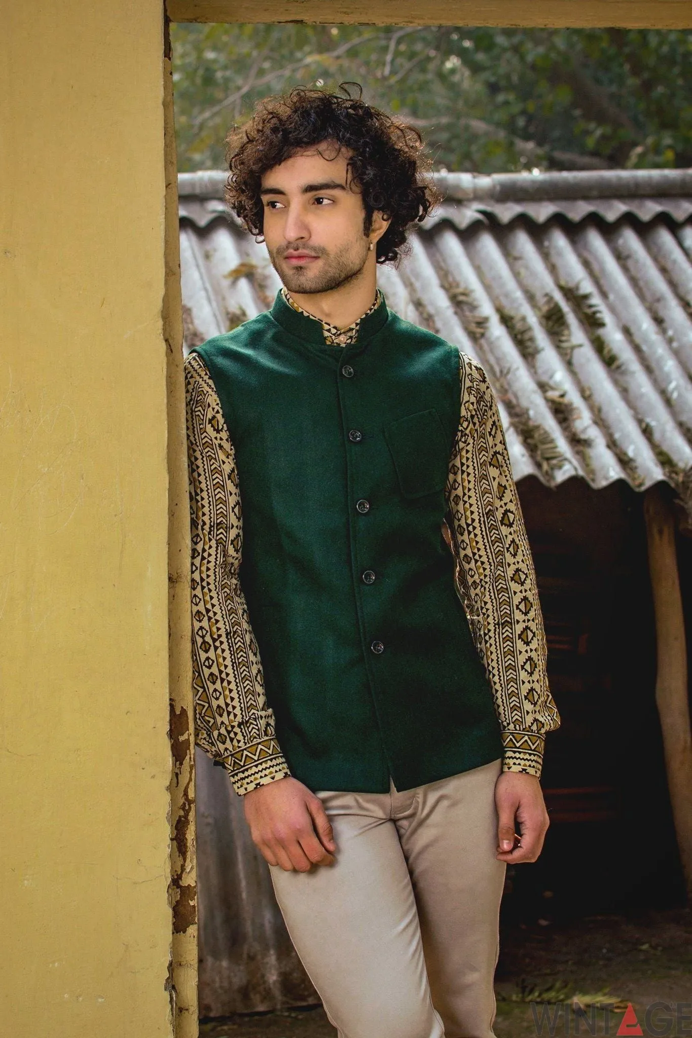 Tweed Wool Green Modi Nehru Jacket