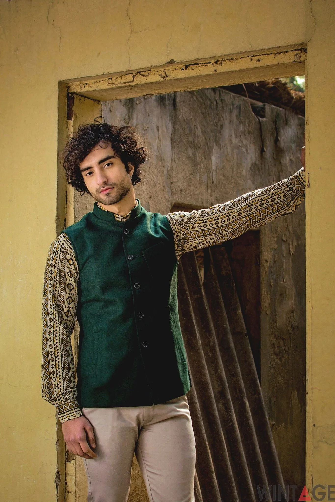 Tweed Wool Green Modi Nehru Jacket