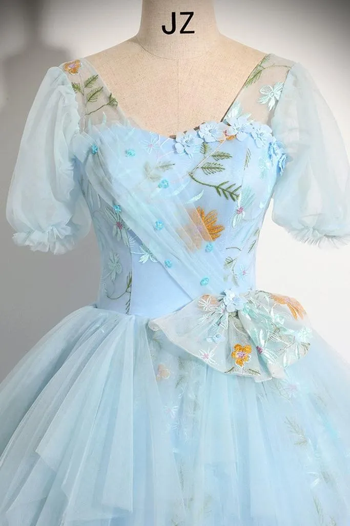 V Neck Prom Dress Tulle Lace Blue Long A Line Sweet 16 Dress Evening Dress