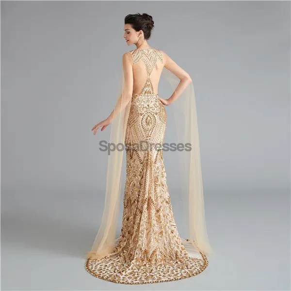 V Neck Unique Sleeves Mermaid Sequin Evening Prom Dresses, Evening Party Prom Dresses, 12118