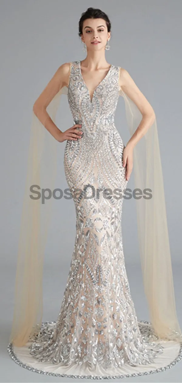 V Neck Unique Sleeves Mermaid Sequin Evening Prom Dresses, Evening Party Prom Dresses, 12118