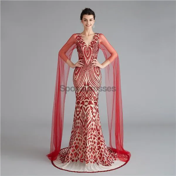V Neck Unique Sleeves Mermaid Sequin Evening Prom Dresses, Evening Party Prom Dresses, 12118